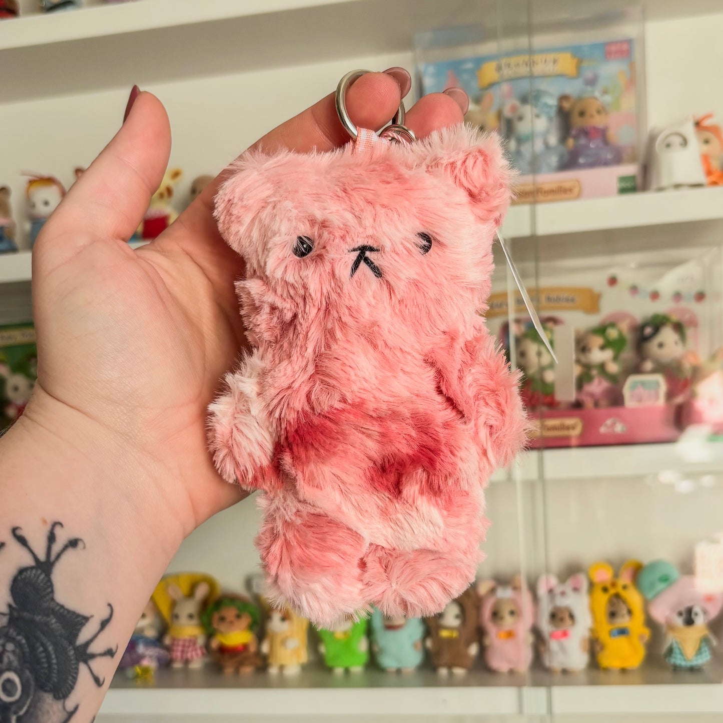 Pink fluffy bear keychain